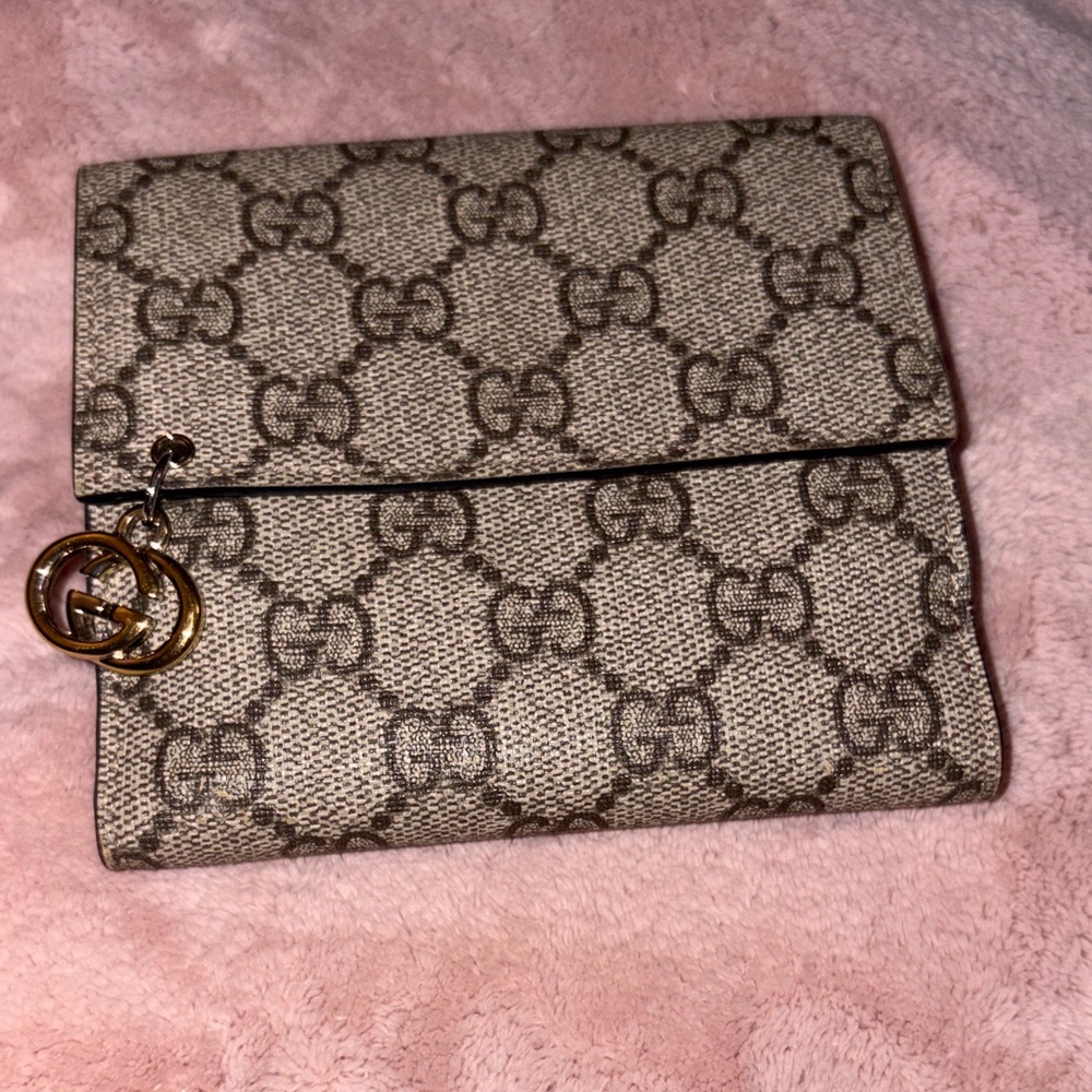 Gucci Beige GG Supreme Foldover Continental Wallet with Gold Charm